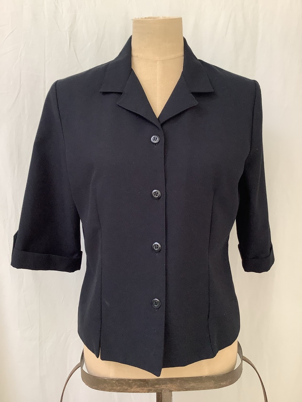 Briggs Blouse Shirt Top-Black-Button Close-Short Sleeve-Cuffs-Poly Rayon-10 P